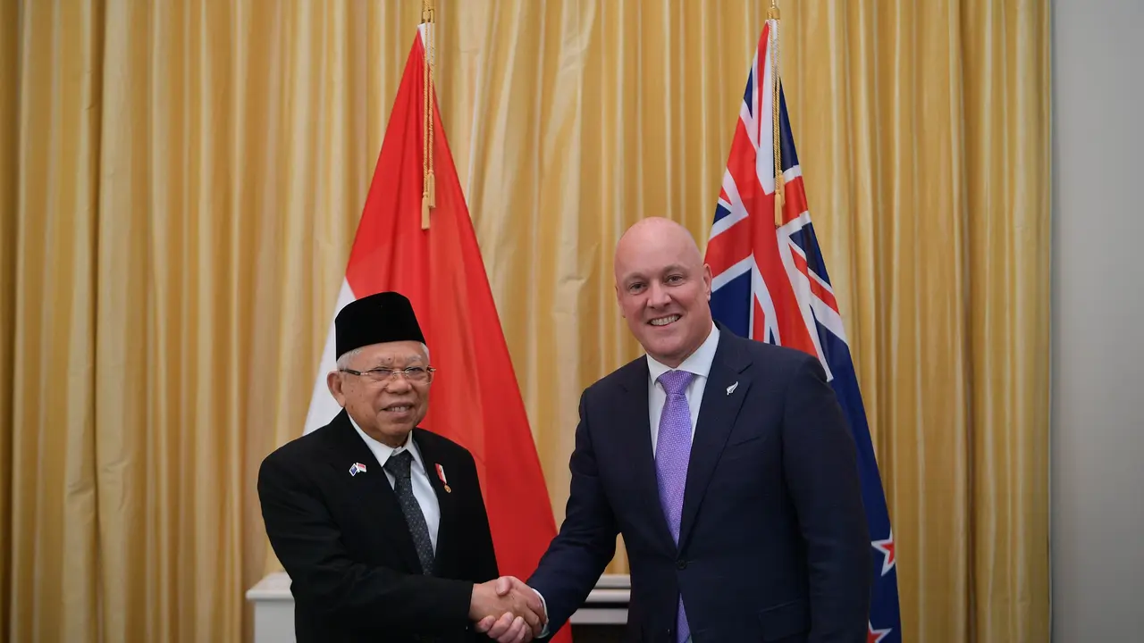 Wakil Presiden (Wapres) Ma’ruf Amin saat bertemu Perdana Menteri (PM) Selandia Baru Christopher Luxon, di Speaker's Lounge New Zealand Parliament Buildings, Selasa (27/02/2024).