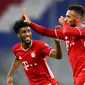 Gelandang Bayern Munchen, Corentin Tolisso (tengah) dan timnya berselebrasi setelah mencetak gol ke gawang Atletico Madrid pada matchday pertama Grup A Liga Champions di Allianz Arena, Kamis (22/10/2020) dini hari WIB. Bayern berhasil mencukur Atletico Madrid 4-0. (AP Photo/Matthias Schrader,Pool)