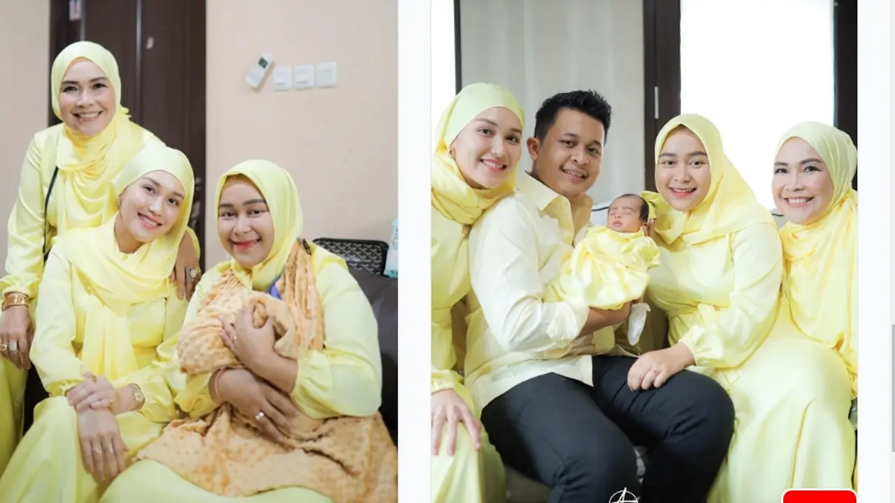 Ayu Ting Ting dan keluarga tampil dengan busana kuning dalam akikah Sumehra (Foto: @arka_photographyy via @ayutingting92)