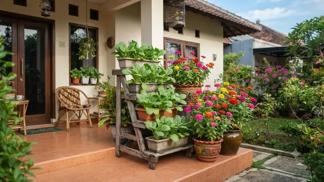 Inspirasi Taman Teras dengan Bunga Hias dan Sayuran Daun