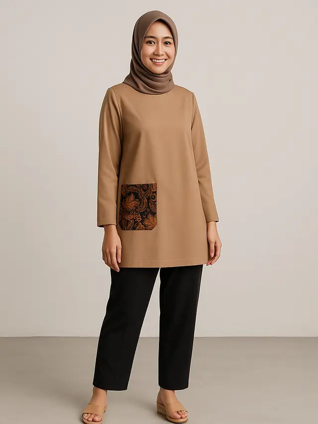 Model Tunik Batik Kombinasi Kain Polos Untuk Kerja/Ilustrasi Gambar AI