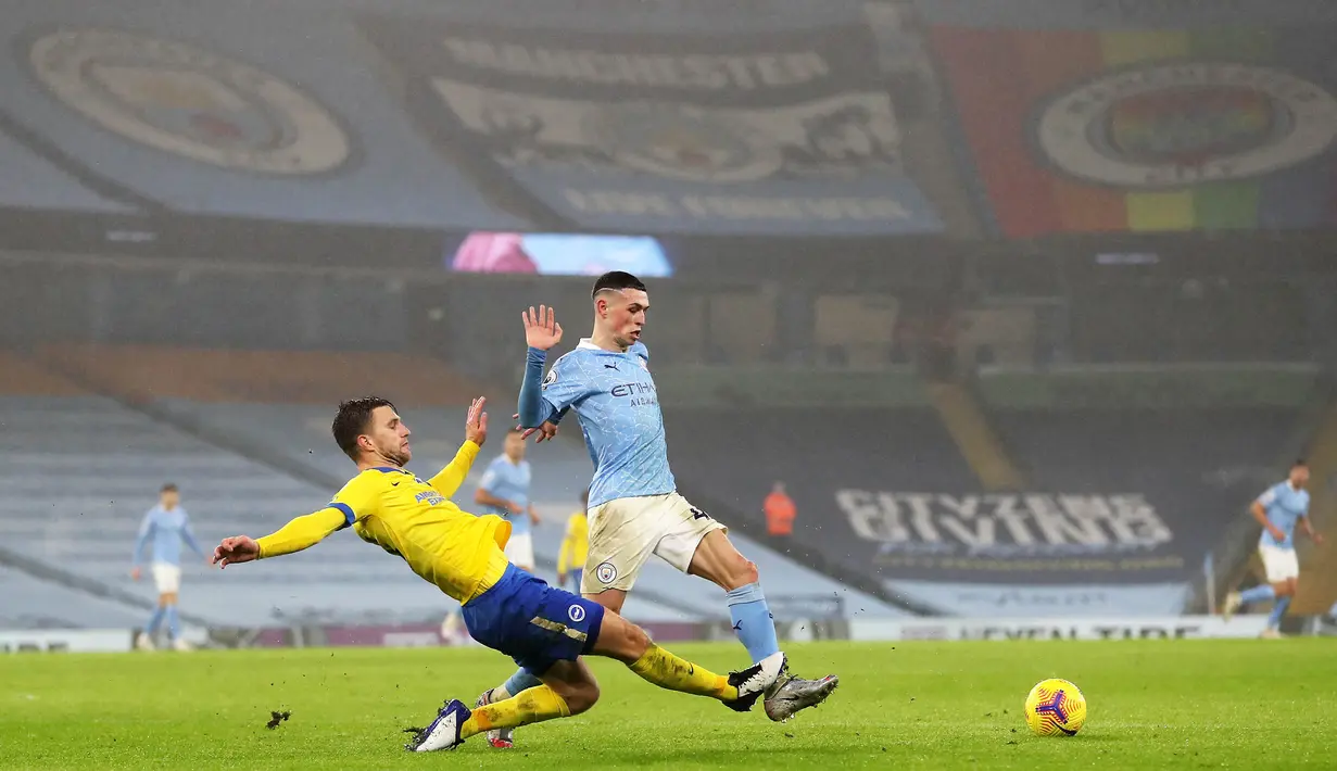 Phil Foden salah satu lulusan akademi milik Manchester City yang tak kalah menjanjikan. Musim lalu, dia memenangkan pemain muda terbaik Premier League 2020/2021 hingga akhirnya gareth Southgate memanggilnya untuk membela timnas Inggris di Piala Eropa 2020. (Foto: AFP/Pool/Martin Rickett)