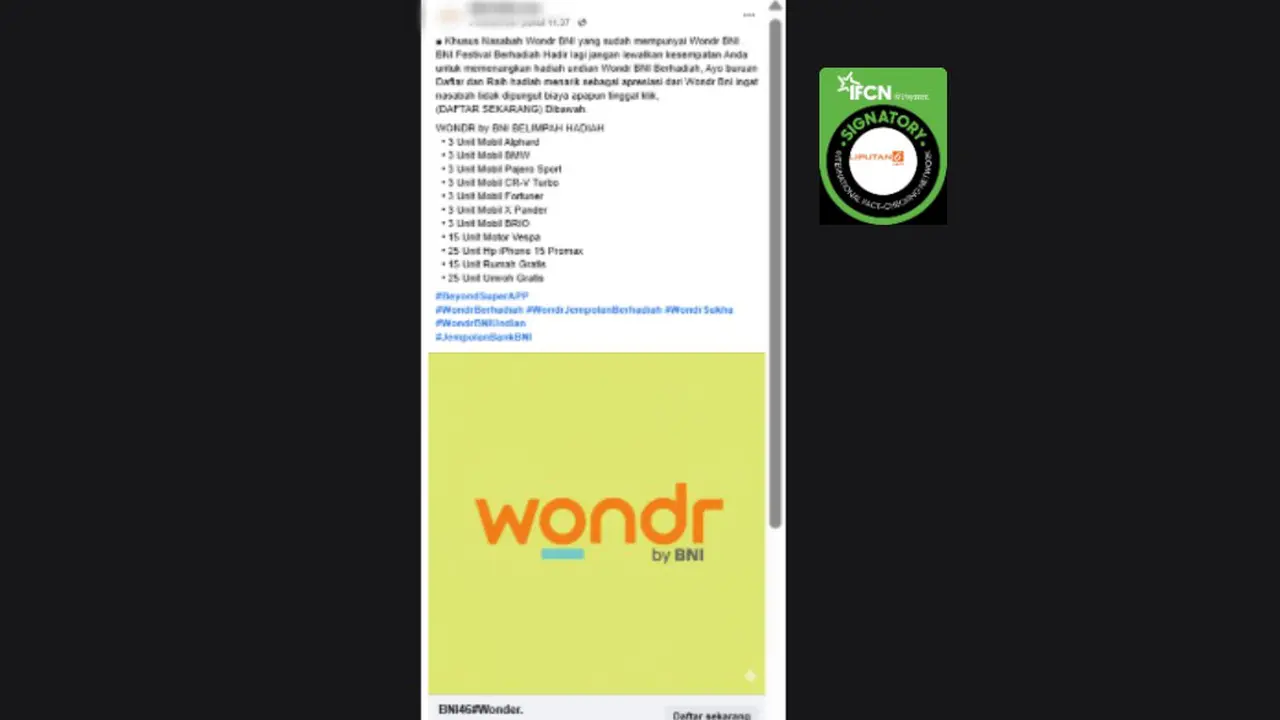 Tangkapan layar klaim link pendaftaran undian Wondr dari BNI yang beredar di Facebook. Cek Faktanya.