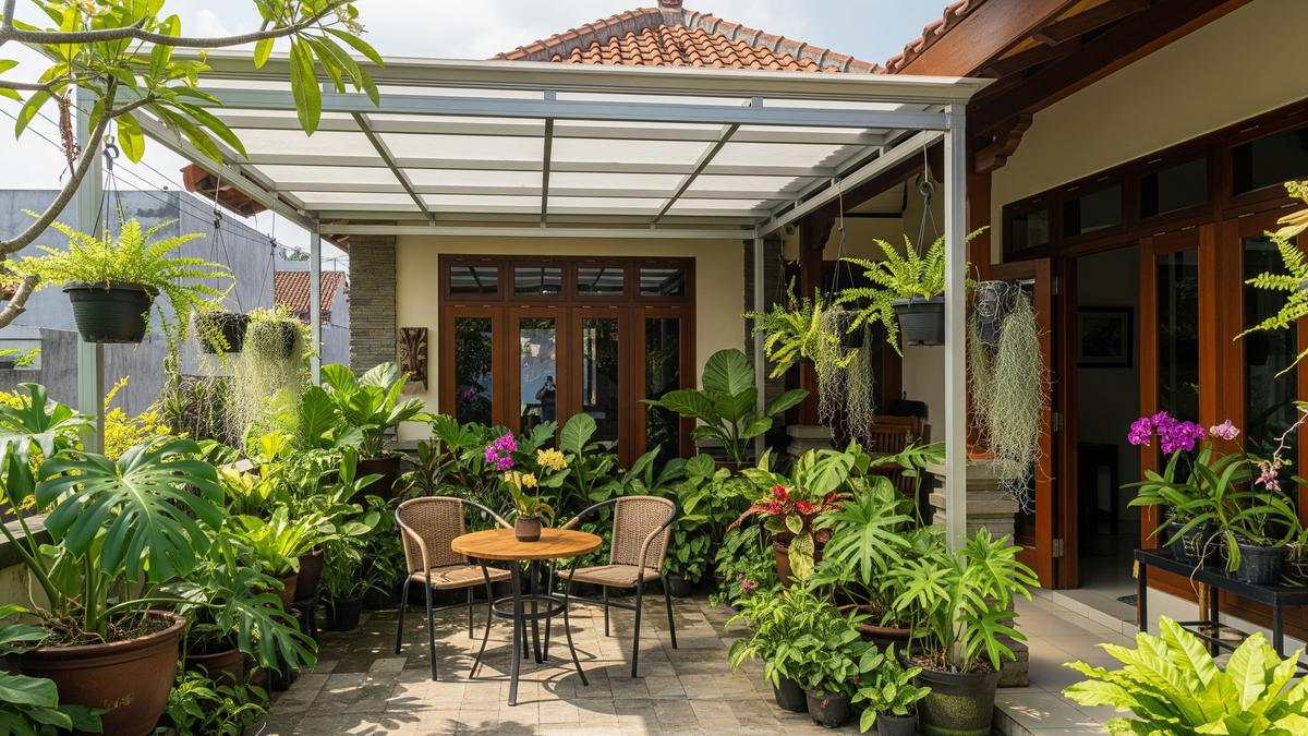 8 Model Teras Rumah Kecil dengan Kanopi Baja Ringan dan Tanaman Tropis Segar