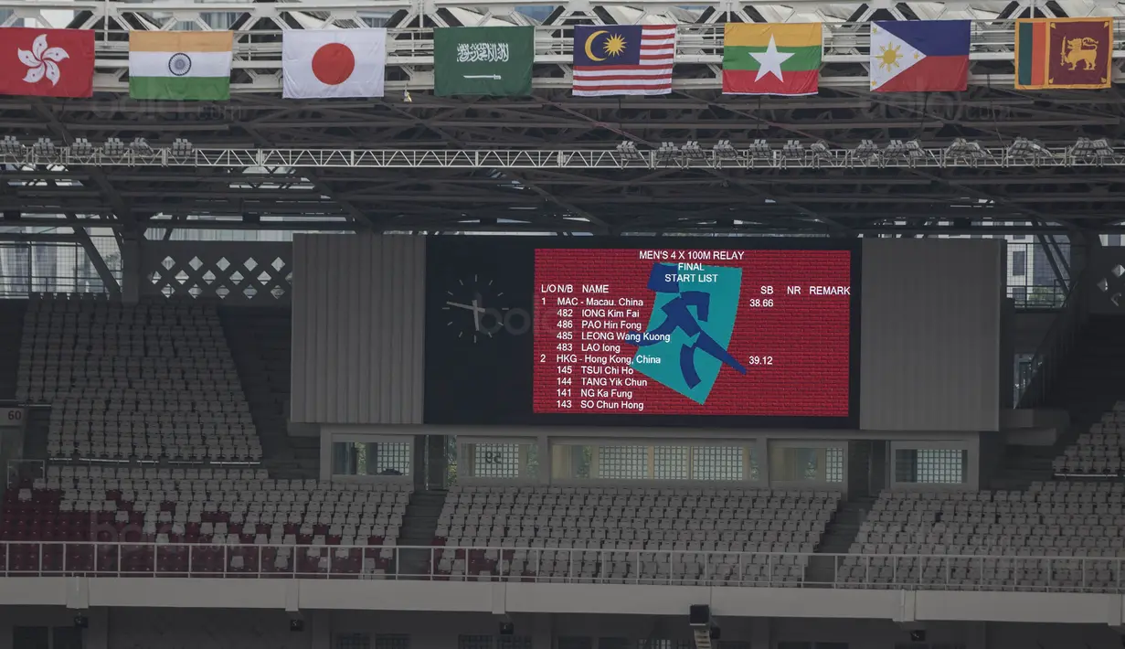 Deretan bendera peserta invitation tournament cabang atletik terpasang di Stadion Utama Gelora Bung Karno, Jakarta, Jumat (9/8/2018). Lokasi ini akan dijadikan venue dari invitation tournament cabang atletik. (Bola.com/Vitalis Yogi Trisna)