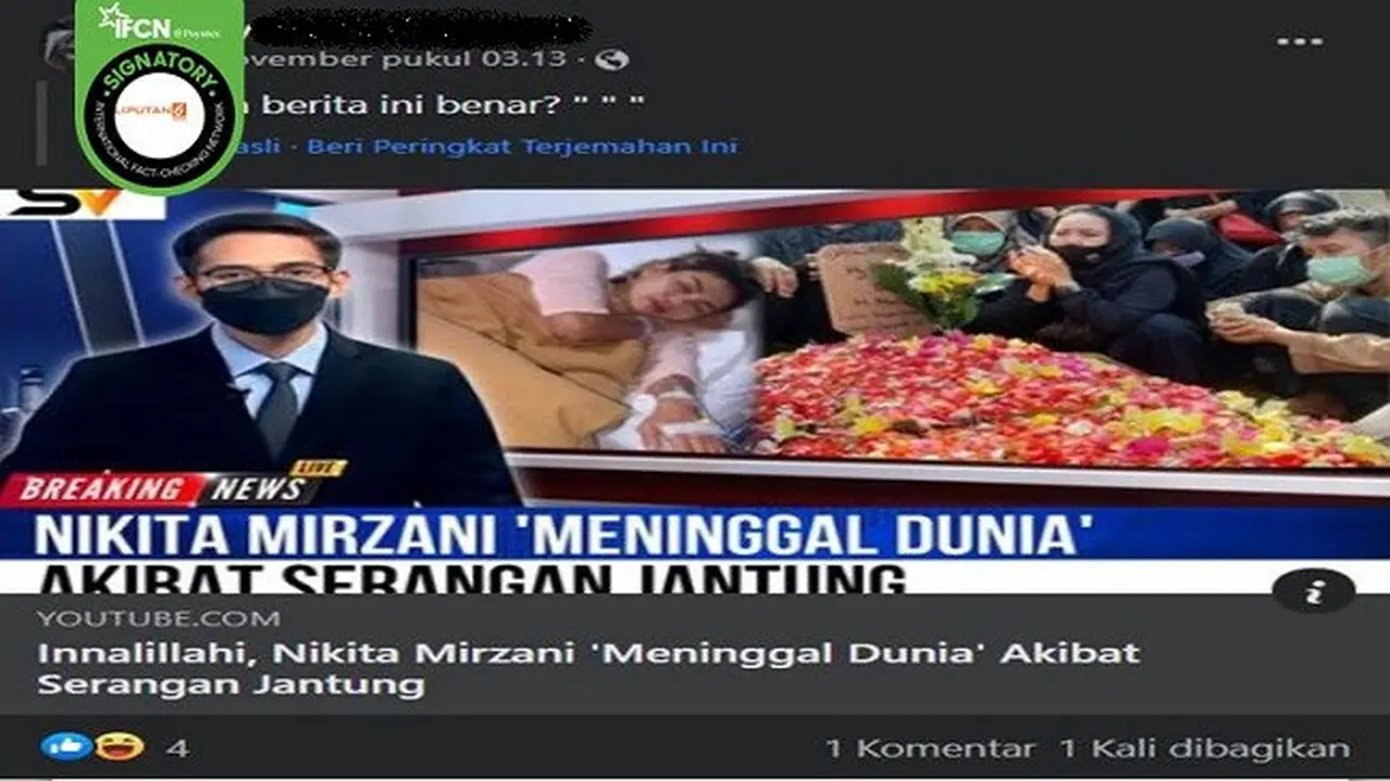 Gambar Tangkapan Layar Kabar Hoaks Artis Nikita Mirzani Meninggal Dunia Akibat Serangan Jantung pada 2 November 2022 (sumber: Facebook).
