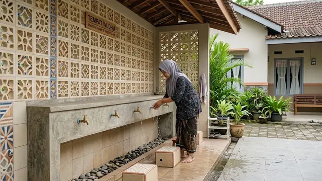 Desain Tempat Wudhu Rumah dengan Dinding Roster/AI Generated