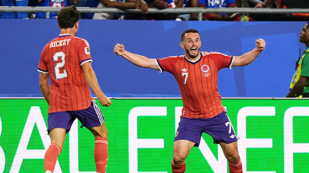 Selebrasi John McGinn usai mencetak gol di laga Haiti vs Skotlandia di laga matchday 1 Grup C Piala Dunia 2026 di Boston Stadium, Foxborough, Massachusetts, Minggu (14/6/2026) pagi WIB.