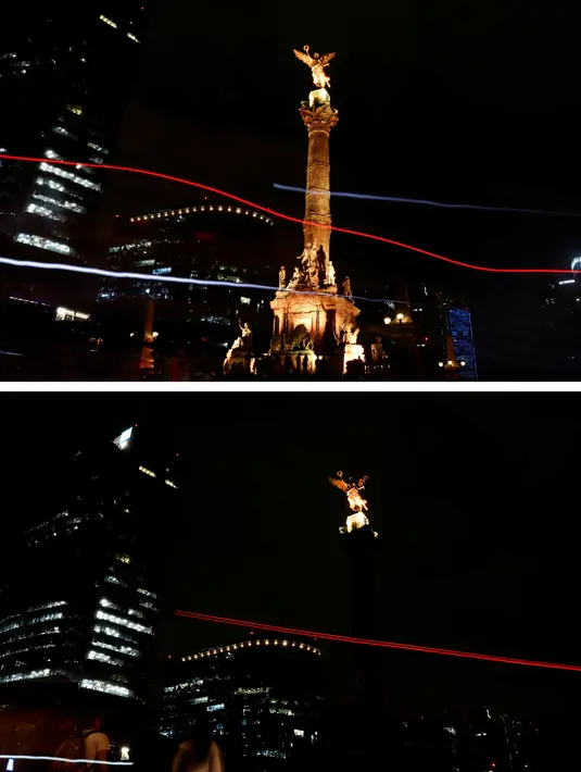 Foto kombinasi menunjukkan monumen Angel de la Independencia sebelum (atas) dan selama Earth Hour di Mexico City, Sabtu (30/3). (REUTERS/Edgard Garrido)