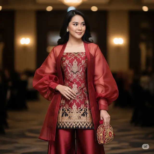 Tunik Satin & Outer Organza Lengan Balon