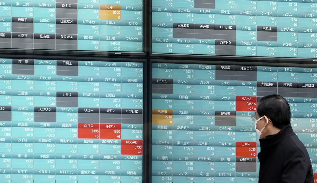 Seorang pria melihat layar monitor yang menunjukkan indeks bursa saham Nikkei 225 Jepang dan lainnya di sebuah perusahaan sekuritas di Tokyo, Senin (10/2/2020). Pasar saham Asia turun pada Senin setelah China melaporkan kenaikan dalam kasus wabah virus corona. (AP Photo/Eugene Hoshiko)