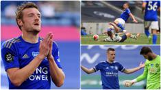 Penyerang Leicester City, Jamie Vardy, sukses meraih gelar Golden Boot Premier League usai menjadi pencetak gol terbanyak sekaligus tercatat sebagai pemain tertua yang meraih gelar Golden Boot di Premier League. (kolase foto AP)