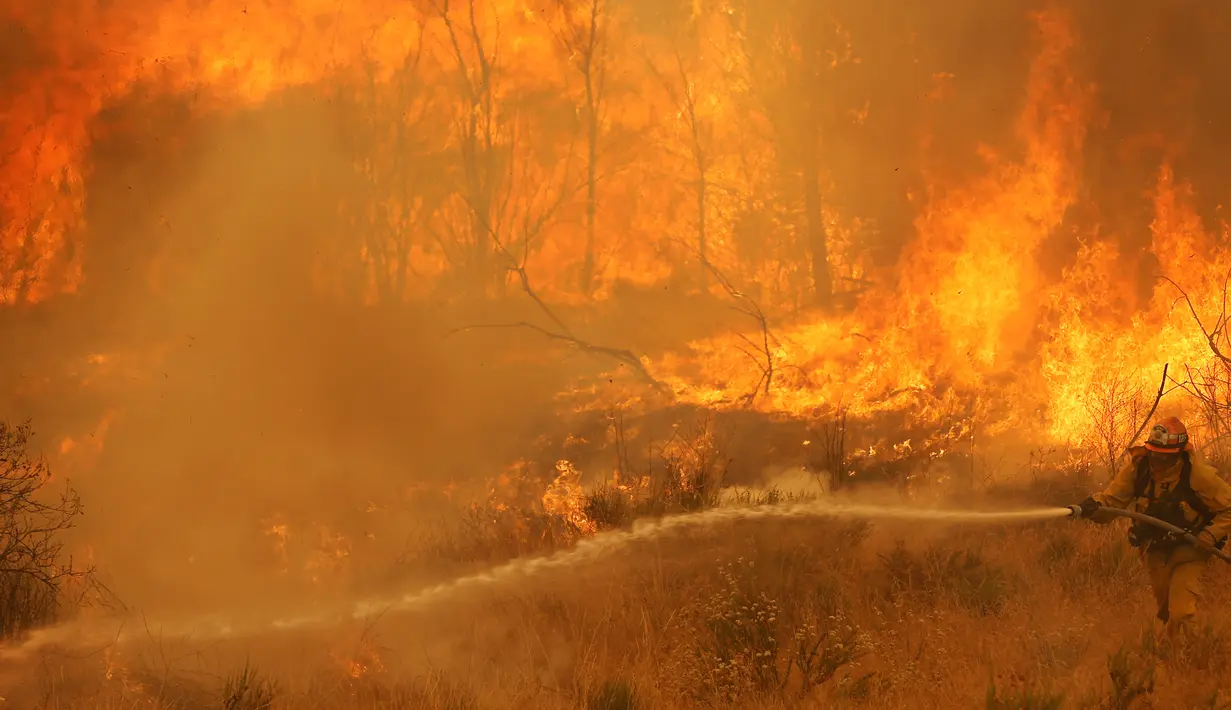 Petugas berusaha memadamkan api yang melanda hutan di California, AS AS (24/7). Setidaknya terdapat 300 orang yang telah dievakuasi oleh pihak berwenang ke tempat yang lebih aman, di luar kota. (REUTERS / Jonathan Alcorn)