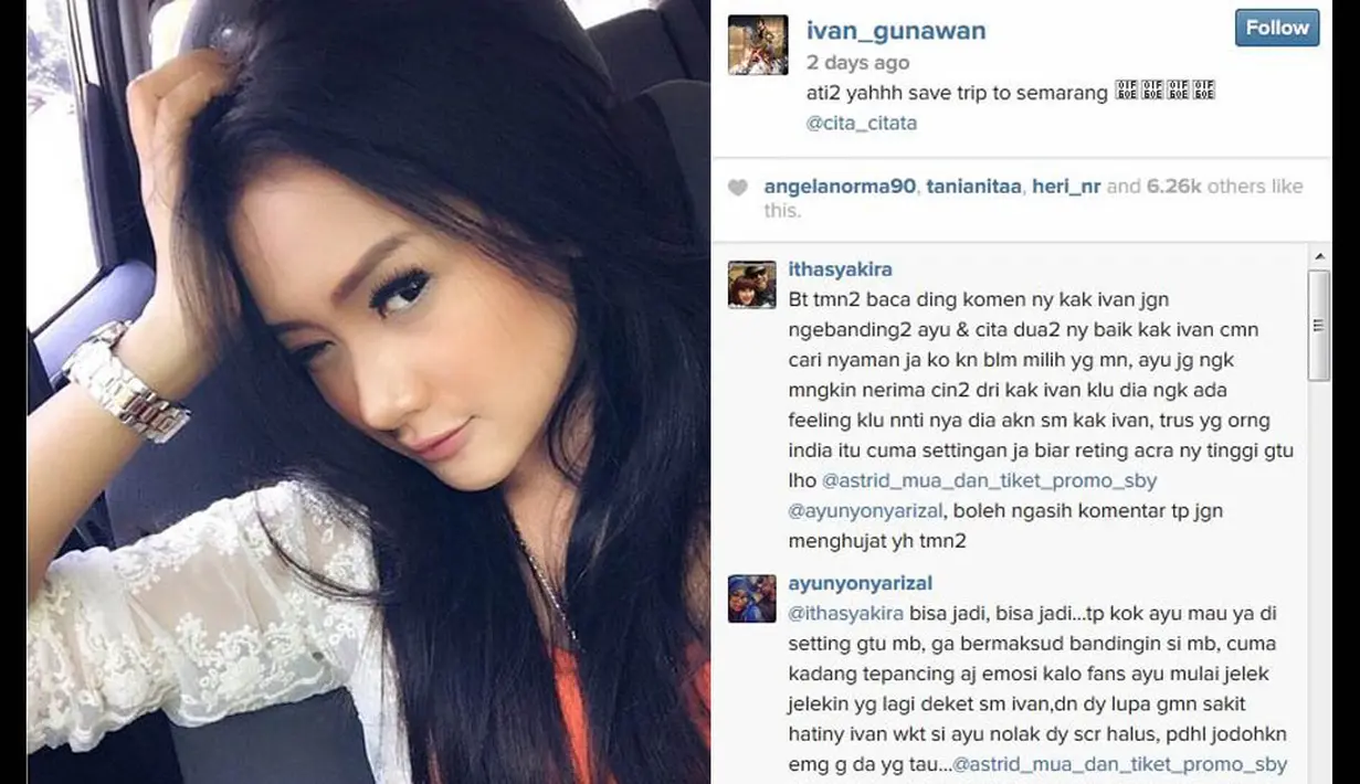 Pada 21 November 2014, Ivan Gunawan mengunggah foto Cita Citata dengan tulisan "ati2 yahhh save trip to semarang @cita_citata". (instagram.com/ivan_gunawan)
