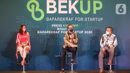 Plt. Deputi Bidang Ekonomi Digital dan Produk Kreatif Kemenparekraf Josua Simanjuntak (tengah) pada press kick off program BEKUP 2020, di Jakarta, Selasa (7/7/2020). Kemenparekraf, mengajak para startup pemula untuk bersama-sama memulihkan ekonomi kreatif. (Liputan6.com/Fery Pradolo)