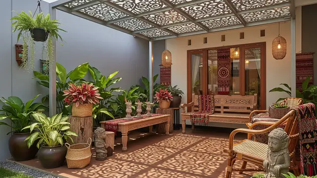 Model Teras Rumah Kecil dengan Kanopi Baja Ringan dan Tanaman Tropis Segar/ Ilustrasi AI