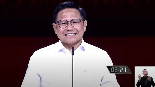 <p>Calon Wakil Presiden nomor urut 01 Muhaimin Iskandar Alias Cak Imin di debat Cawapres, Minggu (21/1/2024). (Sumber foto: tangkapan layar di akun Youtube KPU).</p>