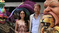 Pangeran Harry dari Inggris (kedua dari kanan) dan istrinya Meghan Markle (kedua dari kiri) berpose dengan para penari saat berkunjung ke Pusat Seni Nasional di Kolumbia, Bogota pada 15 Agustus 2024. Pangeran Harry dan istrinya, Meghan Markle, tiba di Kolombia atas undangan Marquez, yang akan menghadiri berbagai pertemuan dengan perempuan dan kaum muda untuk menolak diskriminasi dan perundungan siber. (Dok: Raul ARBOLEDA / AFP)&nbsp;