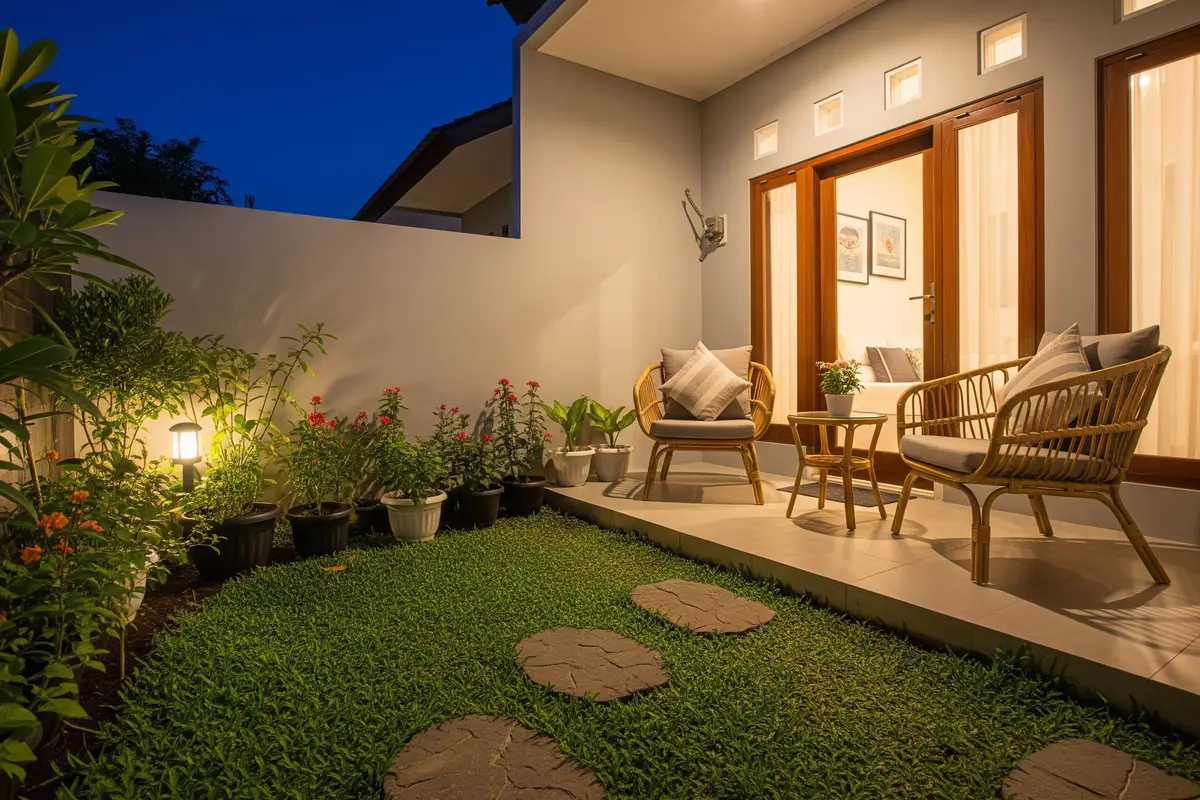 Teras dengan Taman Mini dan Kursi Rotan