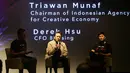Kepala BEKRAF Triawan Munaf (tengah) seusai penandatangan kerjasama antara Badan Ekonomi Kreatif (Bekraf) dan 88 Rising di Jakarta, Rabu (24/4/2019). Proses pencarian itu dimulai sejak tanggal 23 April hingga 23 Juni 2019 mendatang. (Liputan6.com/HO/Randy)