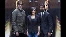 Aktor senior Bollywood, Amitabh Bachchan (kiri), Akshara Haasan (tengah) dan Dhanush (kanan) berpose saat acara promosi film terbarunya "Shamitabh" di London, Selasa (27/1/2015). (AFP PHOTO/Justin TALLIS)