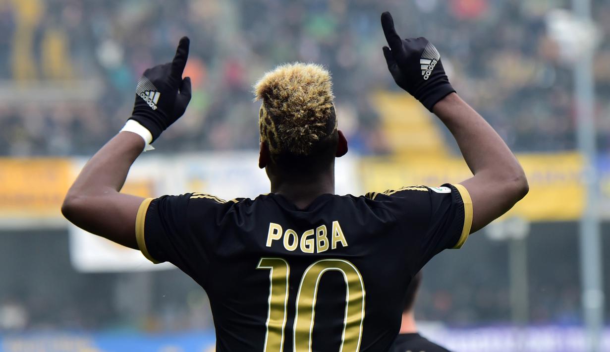 Ekspresi Paul Pogba setelah mencetak gol ke gawang Chievo dalam lanjutan Serie A Italia di Stadion Marc'Antonio Bentegodi, Minggu (31/1/2016). (AFP/Giuseppe Cacace)