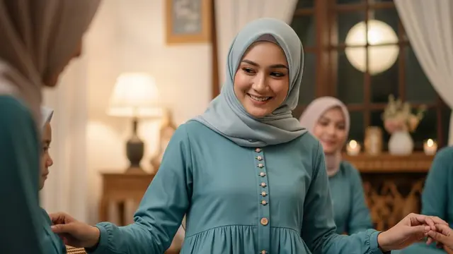 Model Gamis Teal Pastel untuk Acara Keluarga