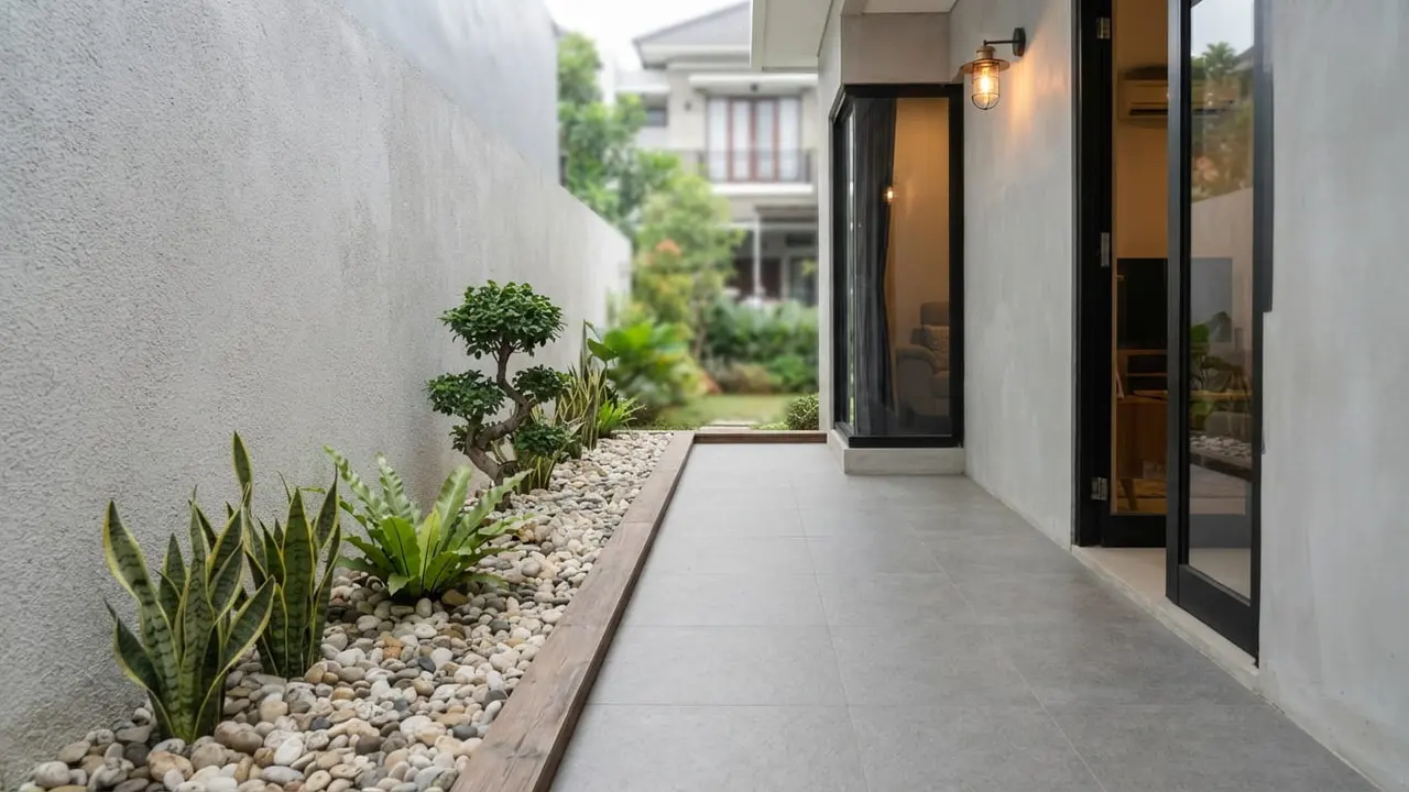 Teras Rumah 1,5 Meter dengan Taman Kering di Sepanjang Dinding