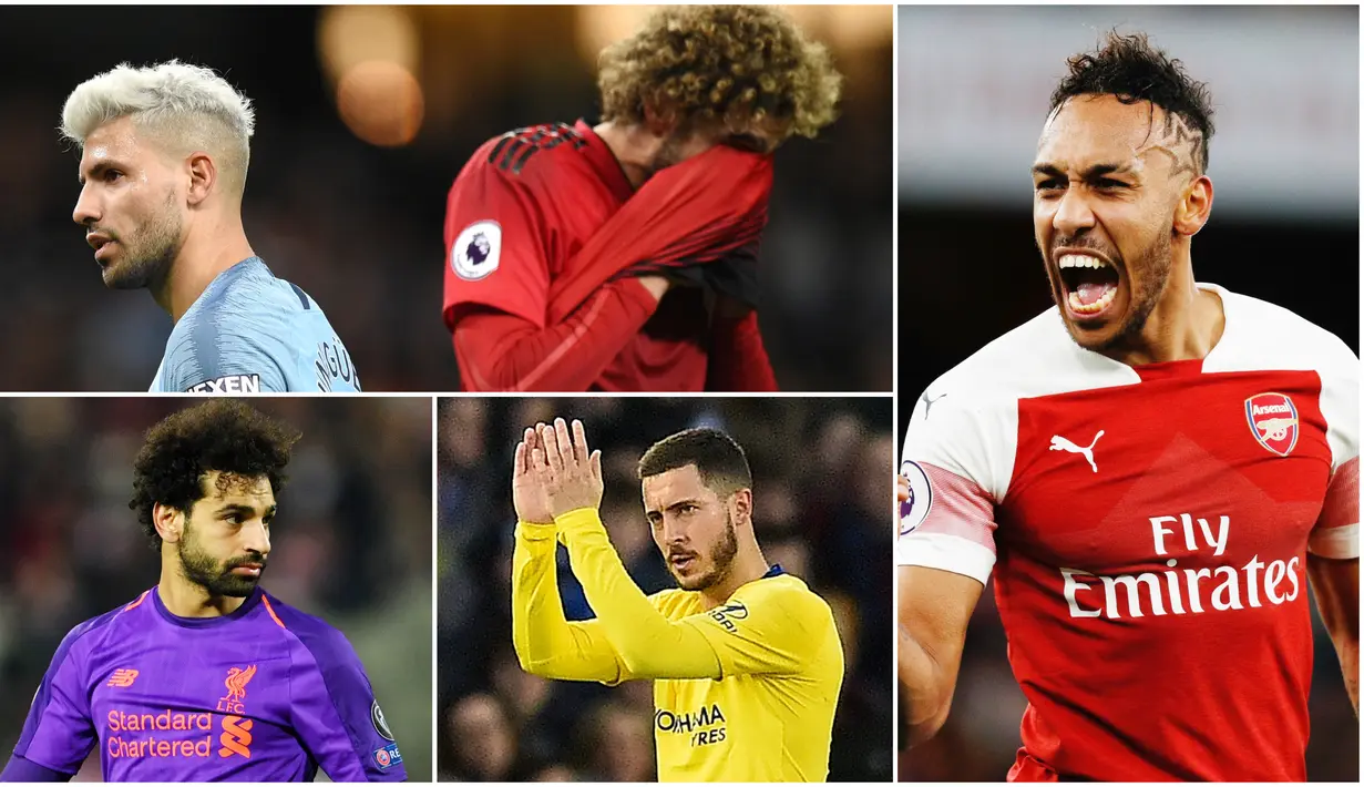 Pierre-Emerick Aubameyang dan Mohamed Salah berada di puncak top scorer sementara Premier League dengan 10 Gol. Berikut pemain yang masuk bursa pencetak gol terbanyak liga Inggris. Diantaranya, Sergio Aguero dan Eden Hazard. (Foto Kolase AP dan AFP)