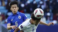 Gelandang Timnas Thailand, Sarach Yooyen (biru) berduel dengan gelandang Timnas Uzbekistan, Diyor Kholmatov dalam laga babak 16 besar Piala Asia 2023, Selasa (30/1/2024). (AFP/Karim Jaafar)