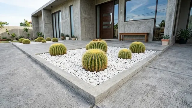 Ide Teras Rumah dengan Kaktus dan Beton Ekspos