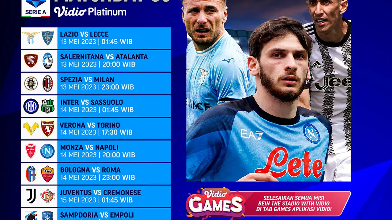 Daftar Pertandingan Liga Italia 2022/2023 Matchday 35 di Vidio, 13-16 Mei 2023