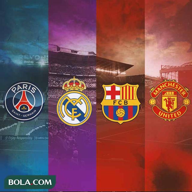 Ilustrasi - Logo PSG, Real Madrid, Barcelona, dan MU