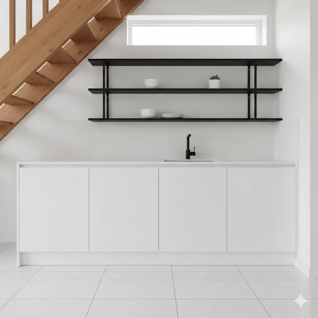 Dapur Bawah Tangga dengan Rak Besi dan Pencahayaan Natural 2025. Gemini