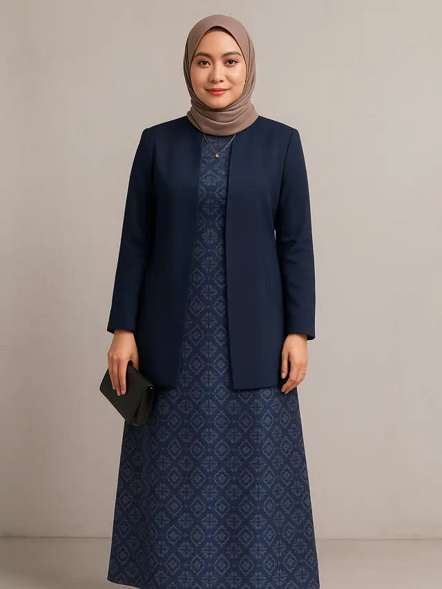 Gamis Batik dengan Blazer Polos (Foto: ChatGPT)