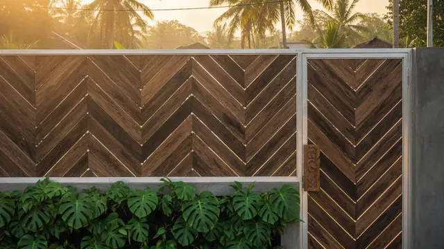 Model Pagar Rumah Ramah Lingkungan dari Kayu Daur Ulang Modern. AI