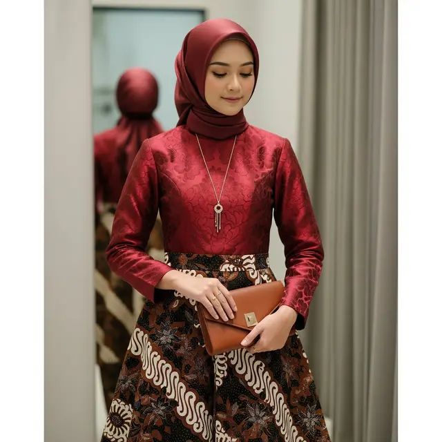 Gamis Brokat Maroon dengan Panel Batik Sogan