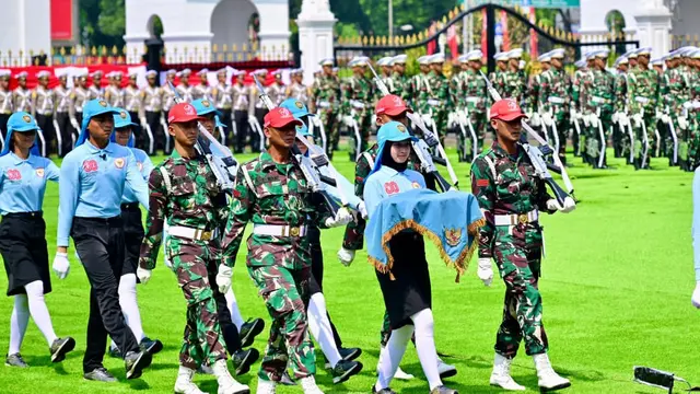 Gladi resik hari kedua persiapan upacara peringatan Hari Ulang Tahun (HUT) ke-80 RI di halaman Istana Merdeka Jakarta, Rabu (12/8/2025).