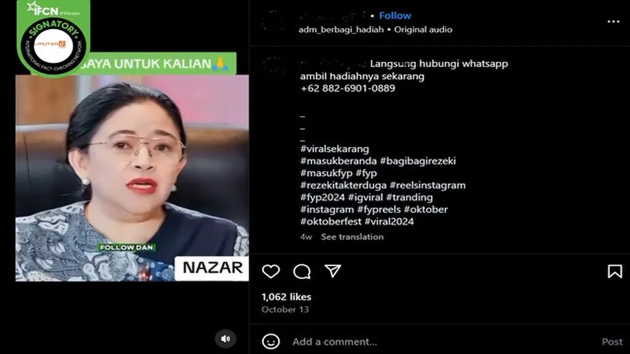 Gambar tangkapan layar video yang diklaim Ketua DPR Puan Maharani berbagi uang tunai sebesar Rp25 juta. (sumber: Facebook)