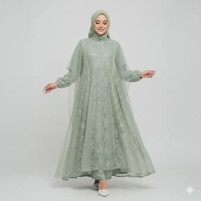 Model Gamis Warna Sage Green dengan Detail Brokat Floral untuk Akad Nikah. Gemini
