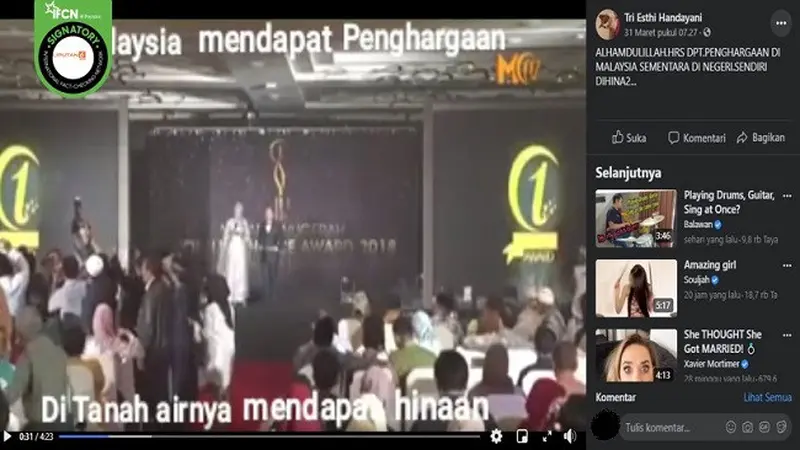 Gambar Tangkapan Layar Video yang Diklaim Rizieq Shihab dapat Penghargaan di Malaysia (sumber: Facebook)