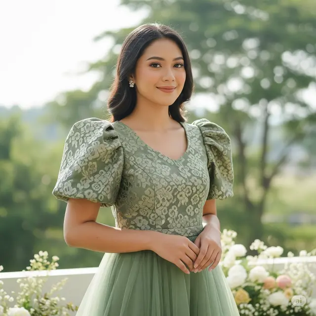 Dress Sage Green Lengan Puff