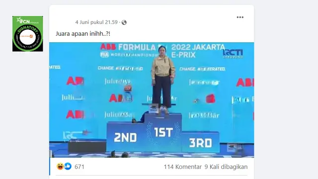 Tangkapan layar  klaim foto Puan maharani berdiri di poduium juara satu Formula E