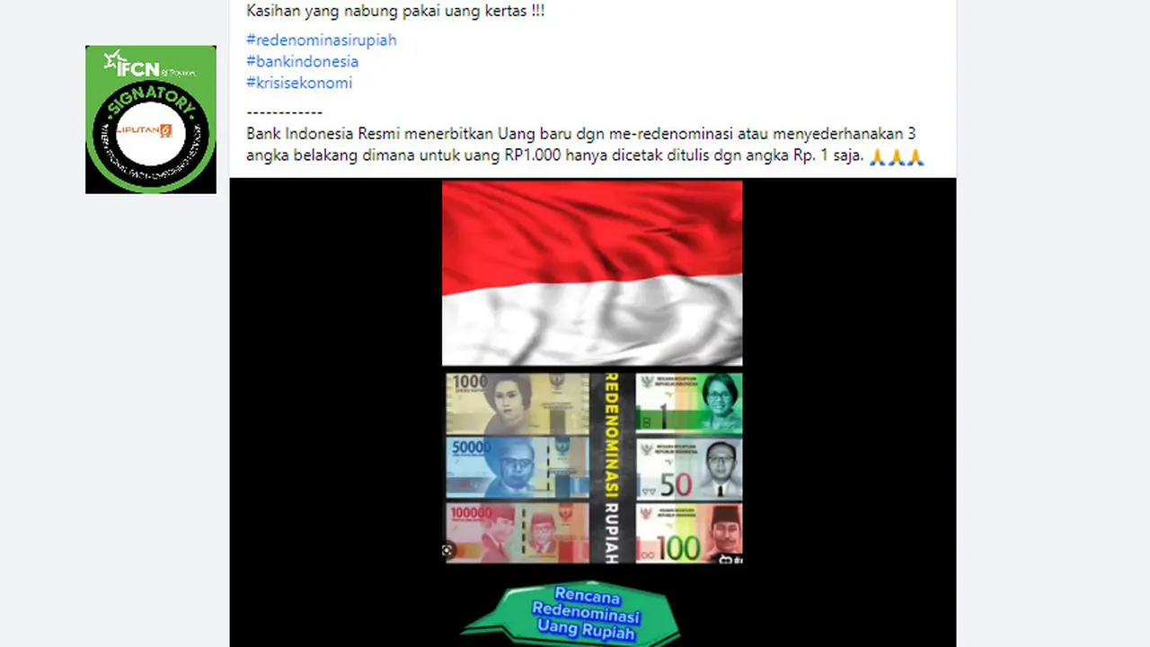 Tangkapan layar klaim Bank Indonesia resmi menerbitkan uang baru redenominasi