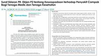 Surat Edaran (SE) kewaspadaan terhadap penyakit campak bagi tenaga kesehatan dan tenaga medis yang diterbitkan Kemenkes.
