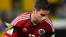 Belalang itu hinggap dibahu kanan James Rodriguez. Mungkin belalang itu ngefans sama James Rodriguez, The Castelao Stadium, Fortaleza (4/7/2014) (AFP PHOTO/FABRICE COFFRINI)