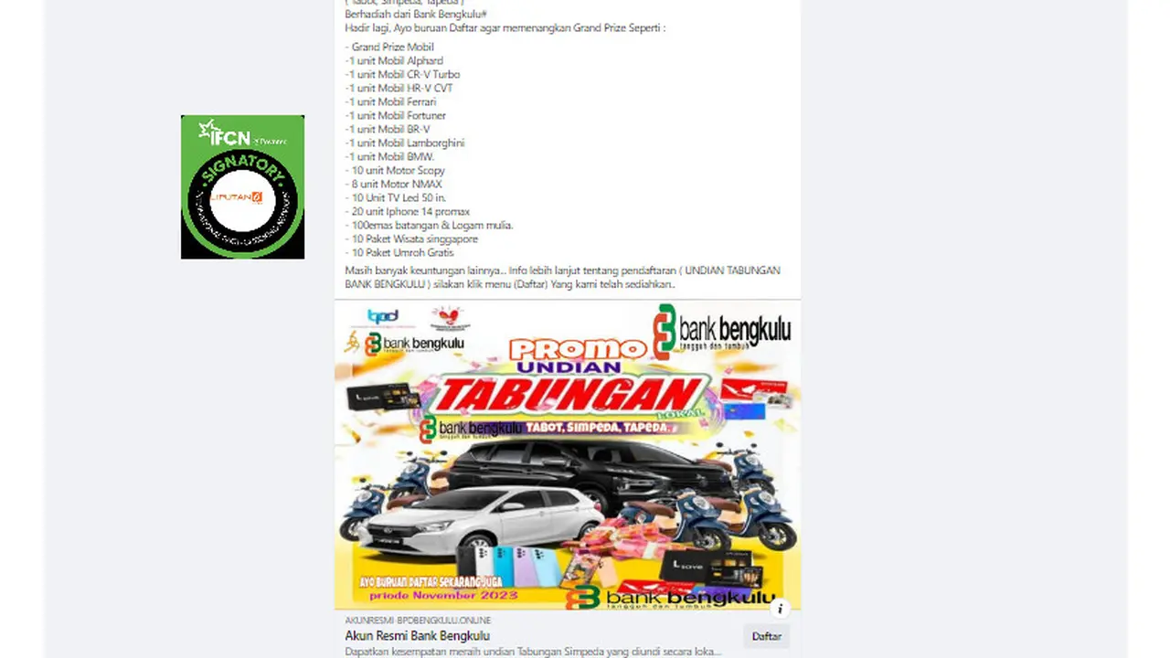 Tangkapan layar klaim link pendaftaran undian berhadiah Bank Bengkulu