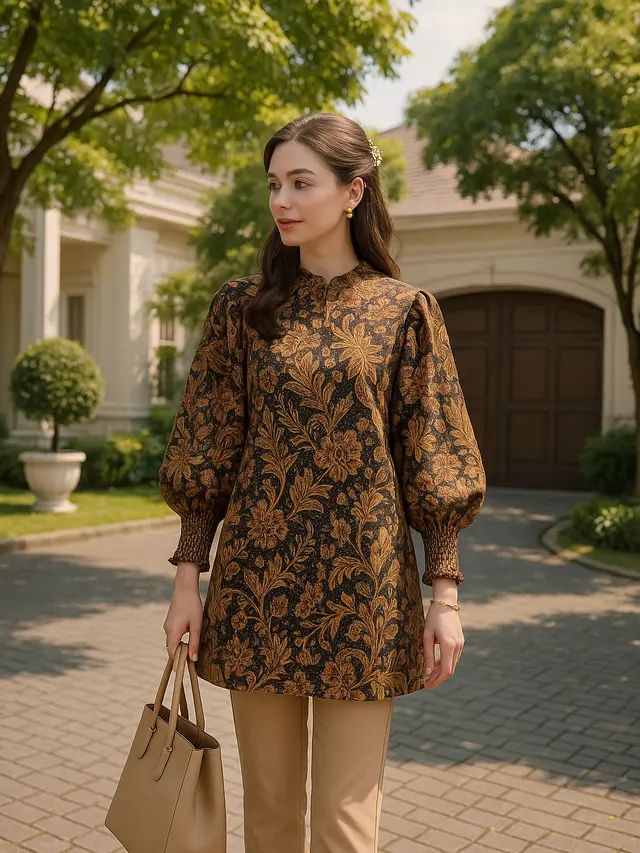 Tunik Batik Lengan Balon Kerut