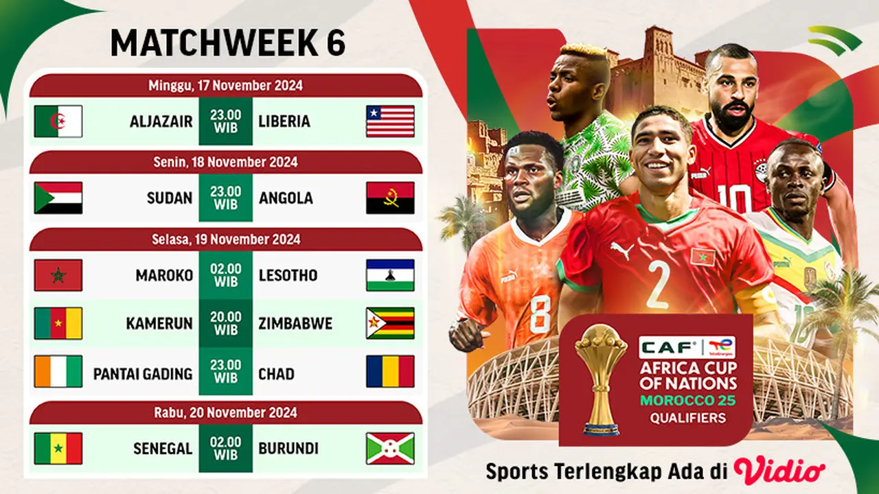 Jadwal AFCON Qualifiers 2025 Matchday 6 di Vidio