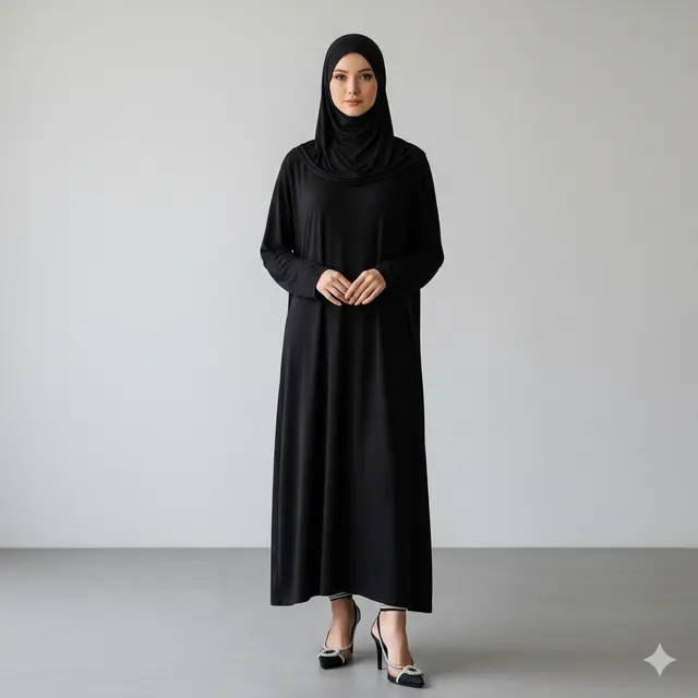 Inspirasi Dress Panjang Polos Minimalis Kombinasi Kerudung Muslim.